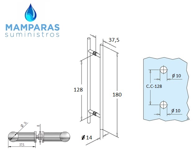 Tirador inoxidable largo 180 mm tubo de 14D.